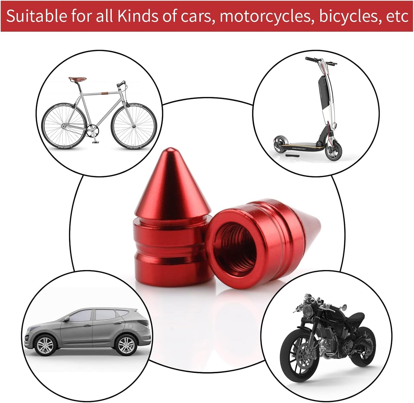 Car Tire Valve Caps, 4 Pieces Universal Aluminum Alloy Tire Decoration Accessories Dust-Proof Tire Covers for Cars, Trucks, SUVs and Motorcycles (Red)
