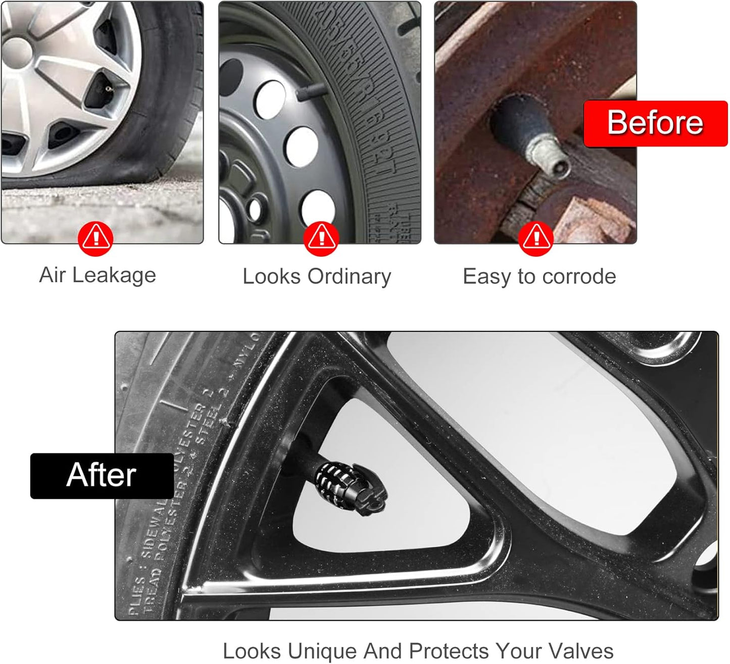 Car Tire Valve Caps, Personalized Tire Valve Caps Exterior Accessories for Cars, Trucks, SUVs, Motorcycles and Bicycles (4 Pieces Black)