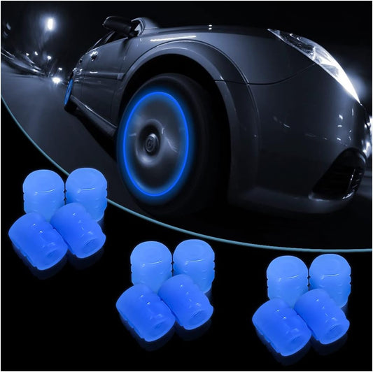 Car Luminous Tire Valve Caps, 12 Pieces Fluorescent Luminous Valve Caps, Luminous Corrosion Resistant Tire Pressure Caps for Cars, Trucks, SUVs, Motorcycles, Bicycles (Blue)