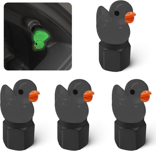 4-pack of cute duck tire valve caps, glow-in-the-dark tire valve caps, fun and practical tire decorations for cars, motorcycles, trucks and bicycles. (Black)