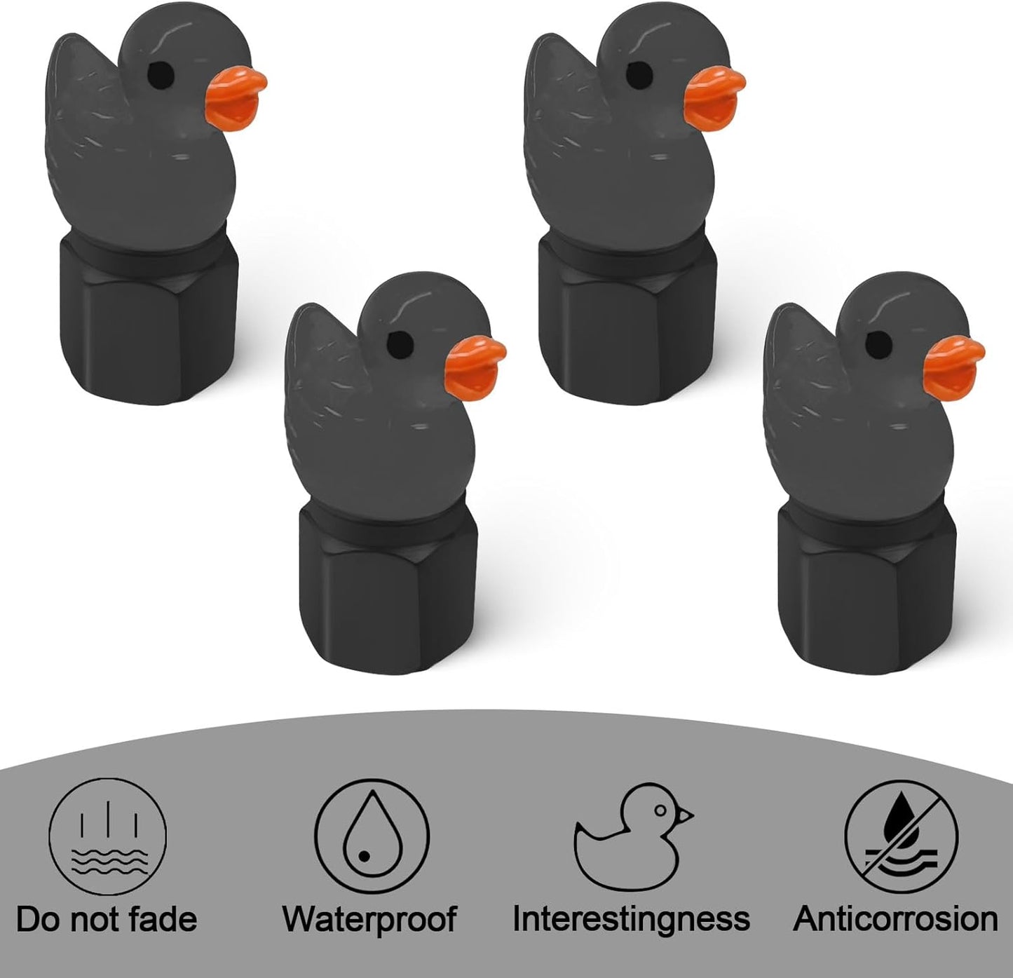 4-pack of cute duck tire valve caps, glow-in-the-dark tire valve caps, fun and practical tire decorations for cars, motorcycles, trucks and bicycles. (Black)
