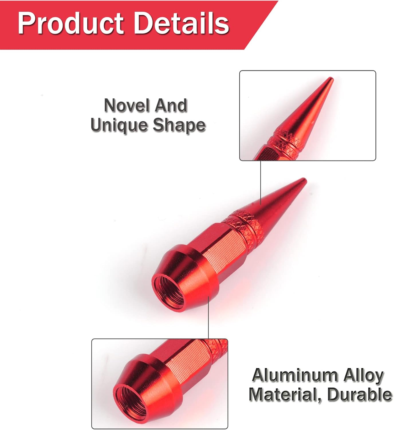 45mm Pointed Aluminum Valve Caps, 4 Pieces Dust-Proof Tire Wheel Valve Caps for Cars, SUVs, Trucks, Bicycles and Motorcycles (Red)