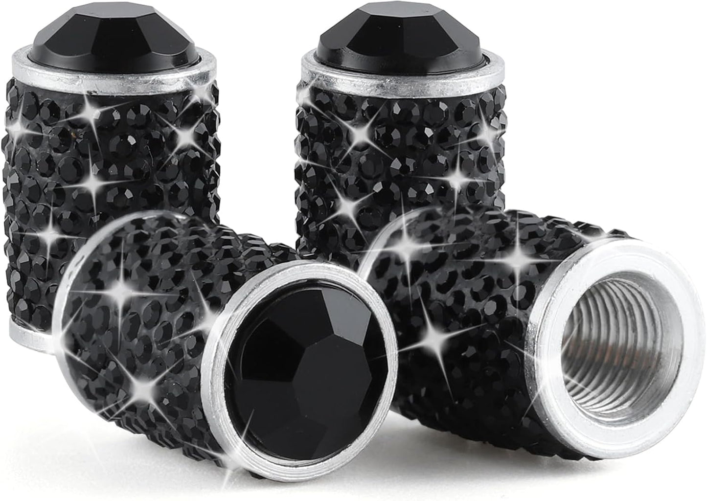 Car Tire Valve Caps, 4 Pieces Sparkling Tire Valve Caps, Crystal Tire Caps Bling Rhinestones for Women, Universal Car Dustproof Tire Valve Caps for Cars, Trucks, SUVs and Motorcycles (Black)