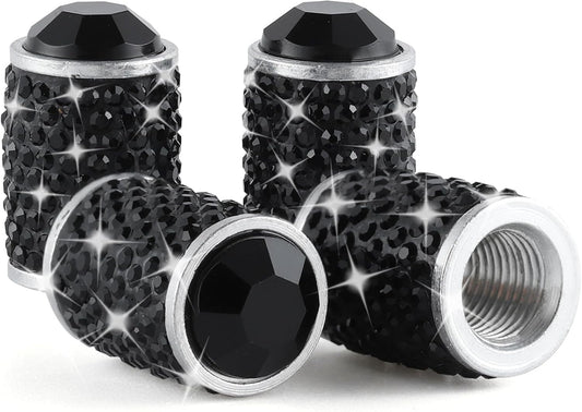Car Tire Valve Caps, 4 Pieces Sparkling Tire Valve Caps, Crystal Tire Caps Bling Rhinestones for Women, Universal Car Dustproof Tire Valve Caps for Cars, Trucks, SUVs and Motorcycles (Black)