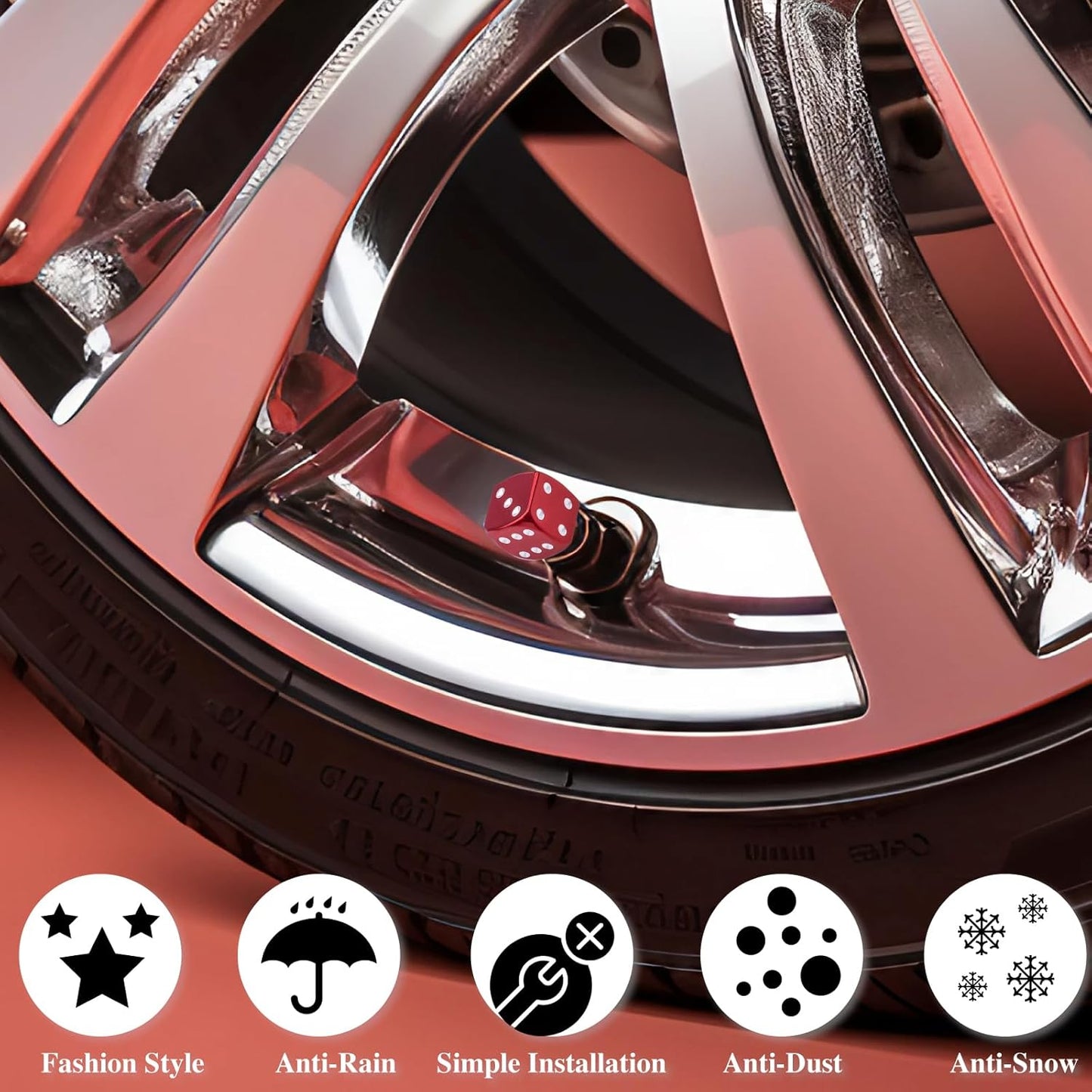 4 Pieces Dice Style Tire Valve Caps with O-Ring Rubber, Universal Aluminum Alloy Dust-Proof Tire Valve Caps for Cars, SUVs, Trucks, Bicycles, Motorcycles, Bikes (Red)
