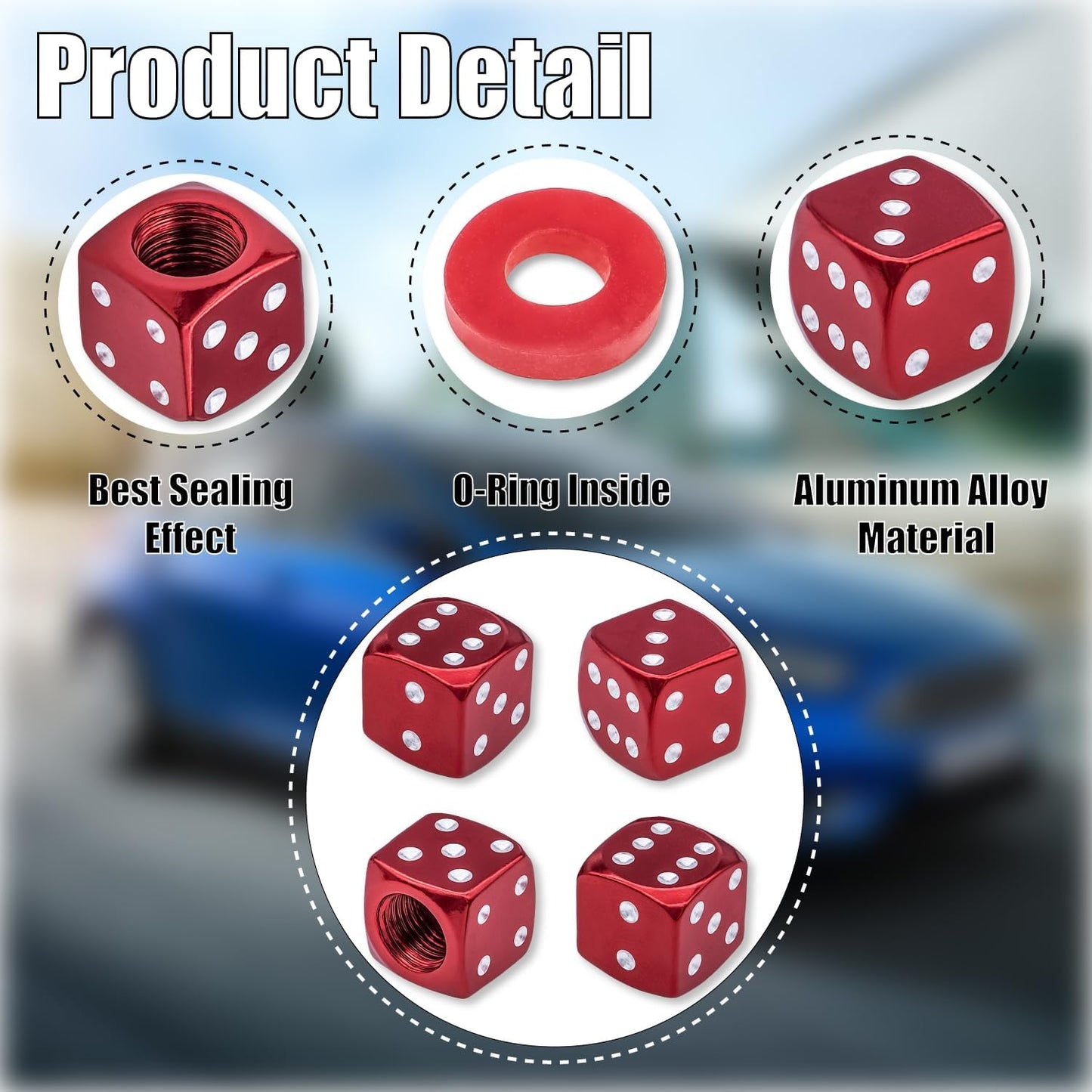 4 Pieces Dice Style Tire Valve Caps with O-Ring Rubber, Universal Aluminum Alloy Dust-Proof Tire Valve Caps for Cars, SUVs, Trucks, Bicycles, Motorcycles, Bikes (Red)