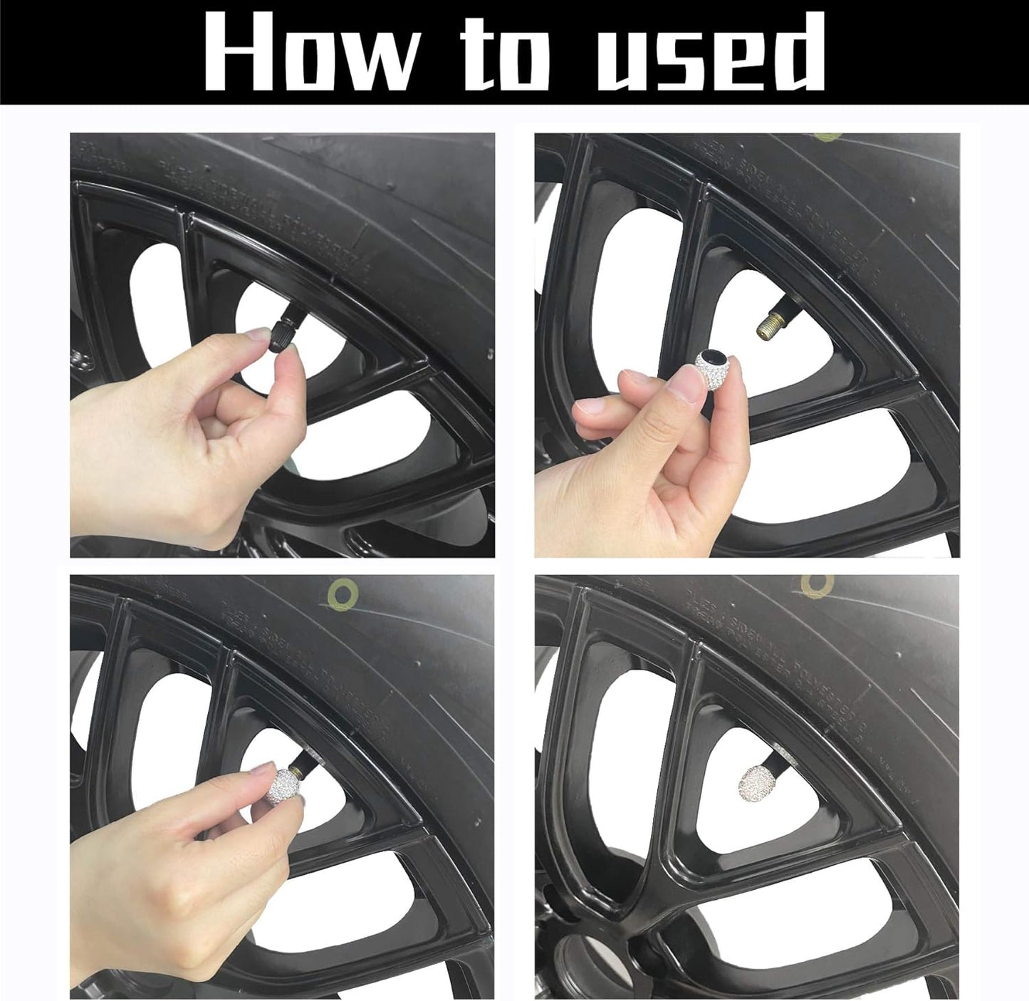 4-Pack Handmade Crystal Diamond Tire Valve Caps, Tire Valve, Beautiful Dustproof Shiny Auto Accessories for Cars, Trucks and Motorcycles - White