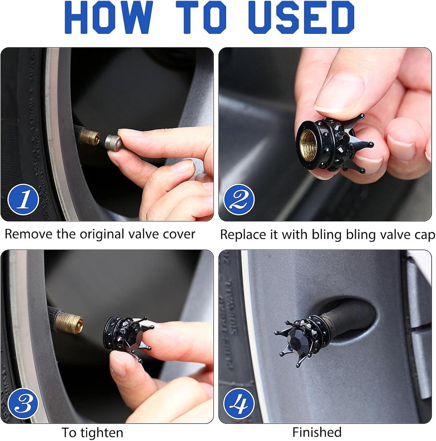 4pcs Crown Tire Valve Caps, Shiny Handmade Crystal Diamond Universal Chrome Crown Car Tire Caps, Car Exquisite Accessories (Black)