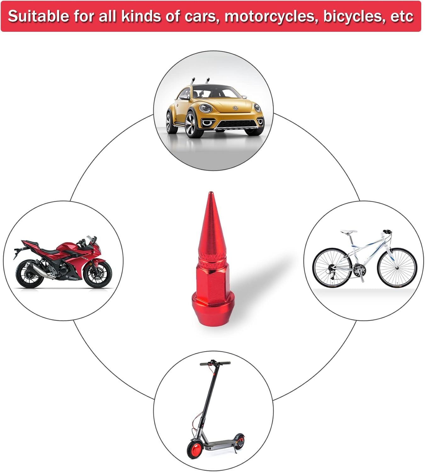 45mm Pointed Aluminum Valve Caps, 4 Pieces Dust-Proof Tire Wheel Valve Caps for Cars, SUVs, Trucks, Bicycles and Motorcycles (Red)