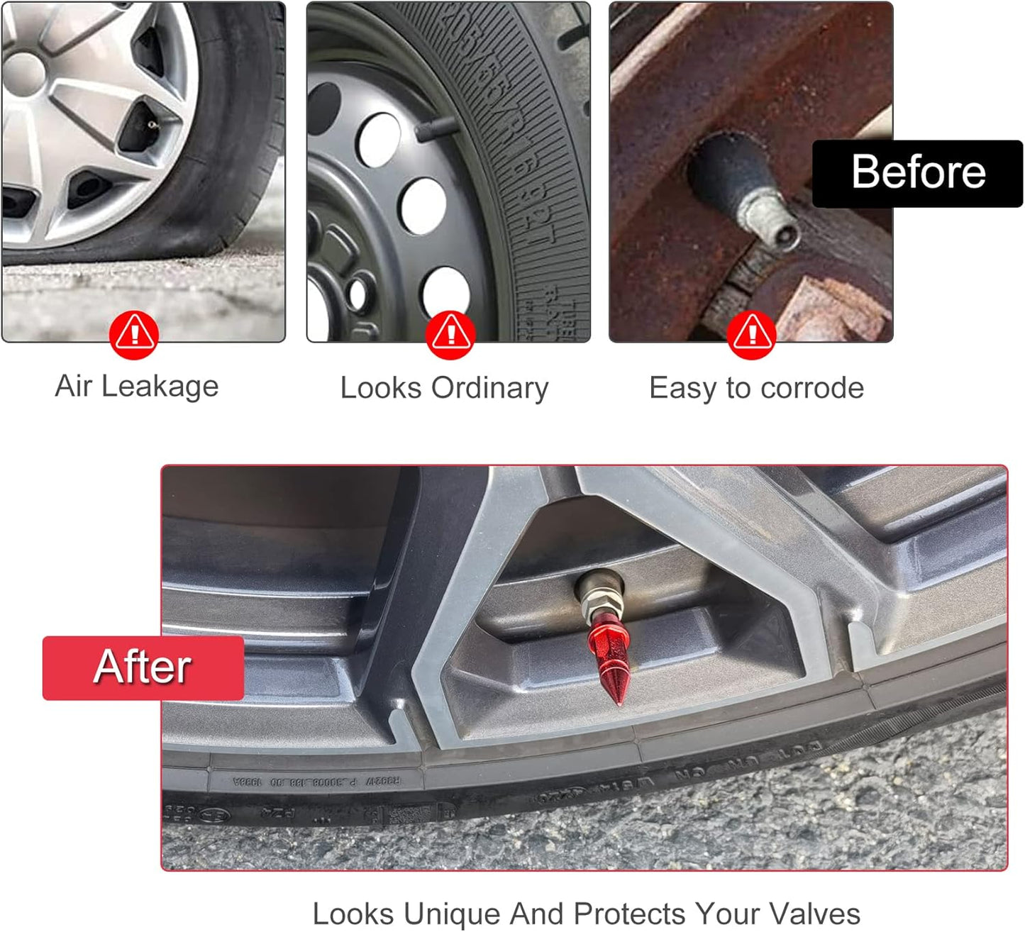 45mm Pointed Aluminum Valve Caps, 4 Pieces Dust-Proof Tire Wheel Valve Caps for Cars, SUVs, Trucks, Bicycles and Motorcycles (Red)