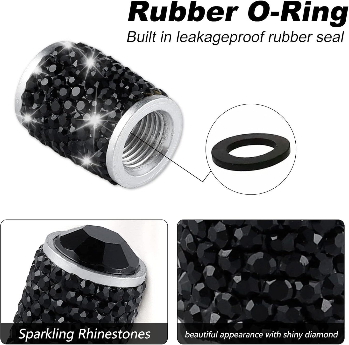 Car Tire Valve Caps, 4 Pieces Sparkling Tire Valve Caps, Crystal Tire Caps Bling Rhinestones for Women, Universal Car Dustproof Tire Valve Caps for Cars, Trucks, SUVs and Motorcycles (Black)