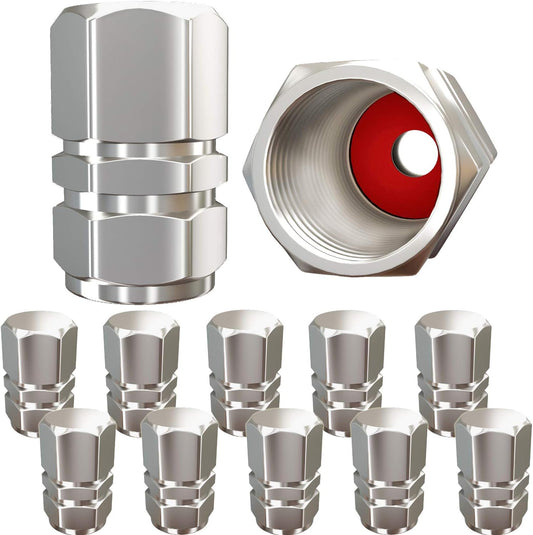 Tire Valve Caps (12 Pack) Heavy Duty Valve Caps | Dustproof with O-Ring Rubber Seal | Hexagonal Design | Outdoor, All-Weather, Anti-Flat Protection | Lightweight General-Purpose Aluminum Alloy (Silver)