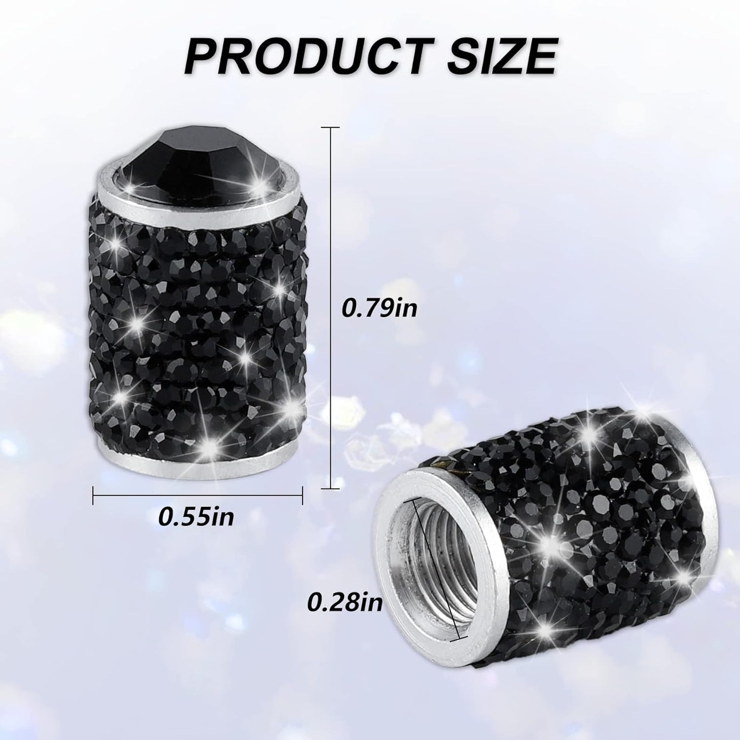 Car Tire Valve Caps, 4 Pieces Sparkling Tire Valve Caps, Crystal Tire Caps Bling Rhinestones for Women, Universal Car Dustproof Tire Valve Caps for Cars, Trucks, SUVs and Motorcycles (Black)