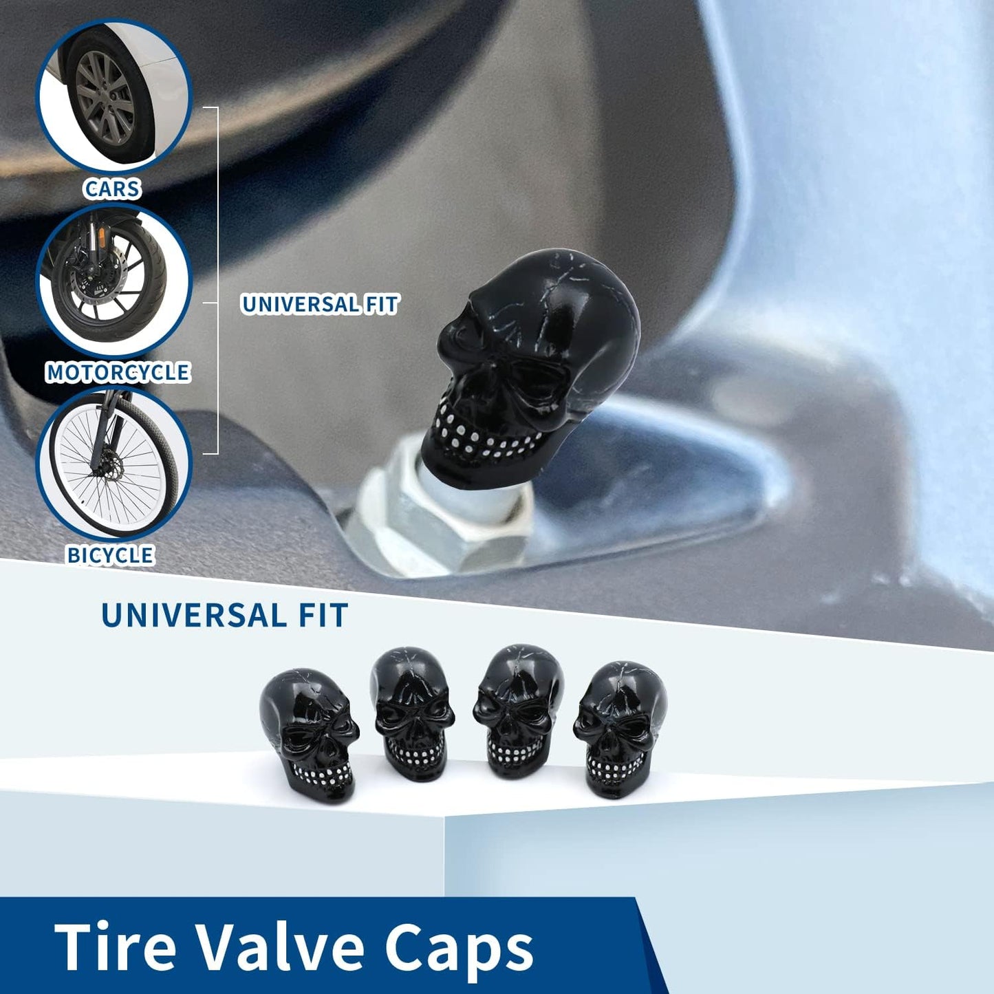 Tire Skull Valve Caps Universal Fit for Most Cars SUVs Bikes Trucks Motorcycles 4pcs/Set (Black)
