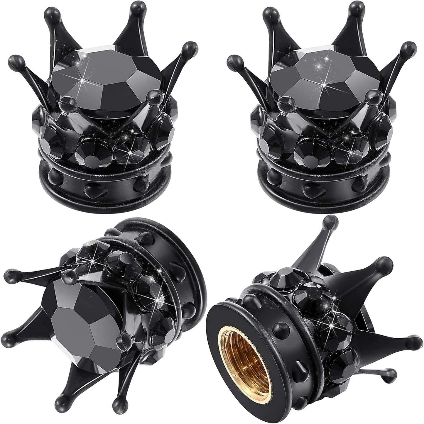 4pcs Crown Tire Valve Caps, Shiny Handmade Crystal Diamond Universal Chrome Crown Car Tire Caps, Car Exquisite Accessories (Black)