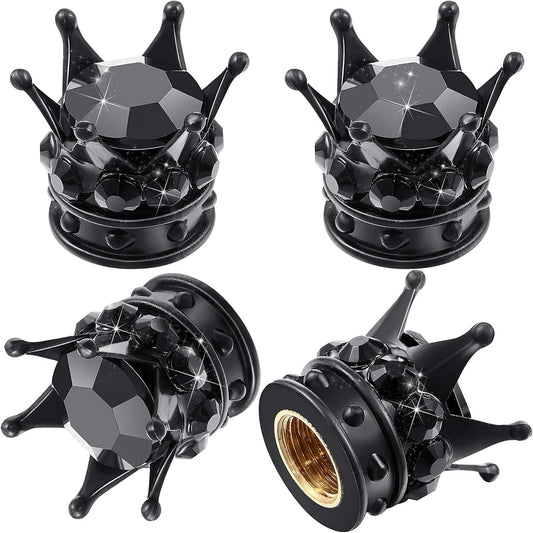 4pcs Crown Tire Valve Caps, Shiny Handmade Crystal Diamond Universal Chrome Crown Car Tire Caps, Car Exquisite Accessories (Black)