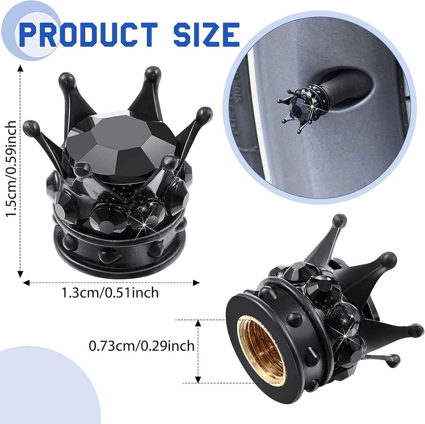 4pcs Crown Tire Valve Caps, Shiny Handmade Crystal Diamond Universal Chrome Crown Car Tire Caps, Car Exquisite Accessories (Black)