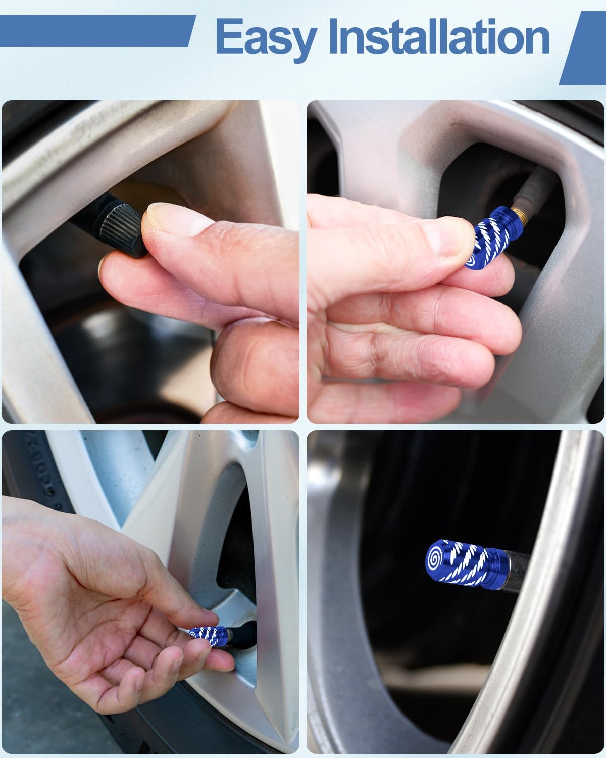 4-Piece Set of Tire Valve Caps, Universal Premium Bright Blue Aluminum Knurled Tire Valve, Corrosion Resistant and Leak-Proof Tire Valve Caps for Auto Parts