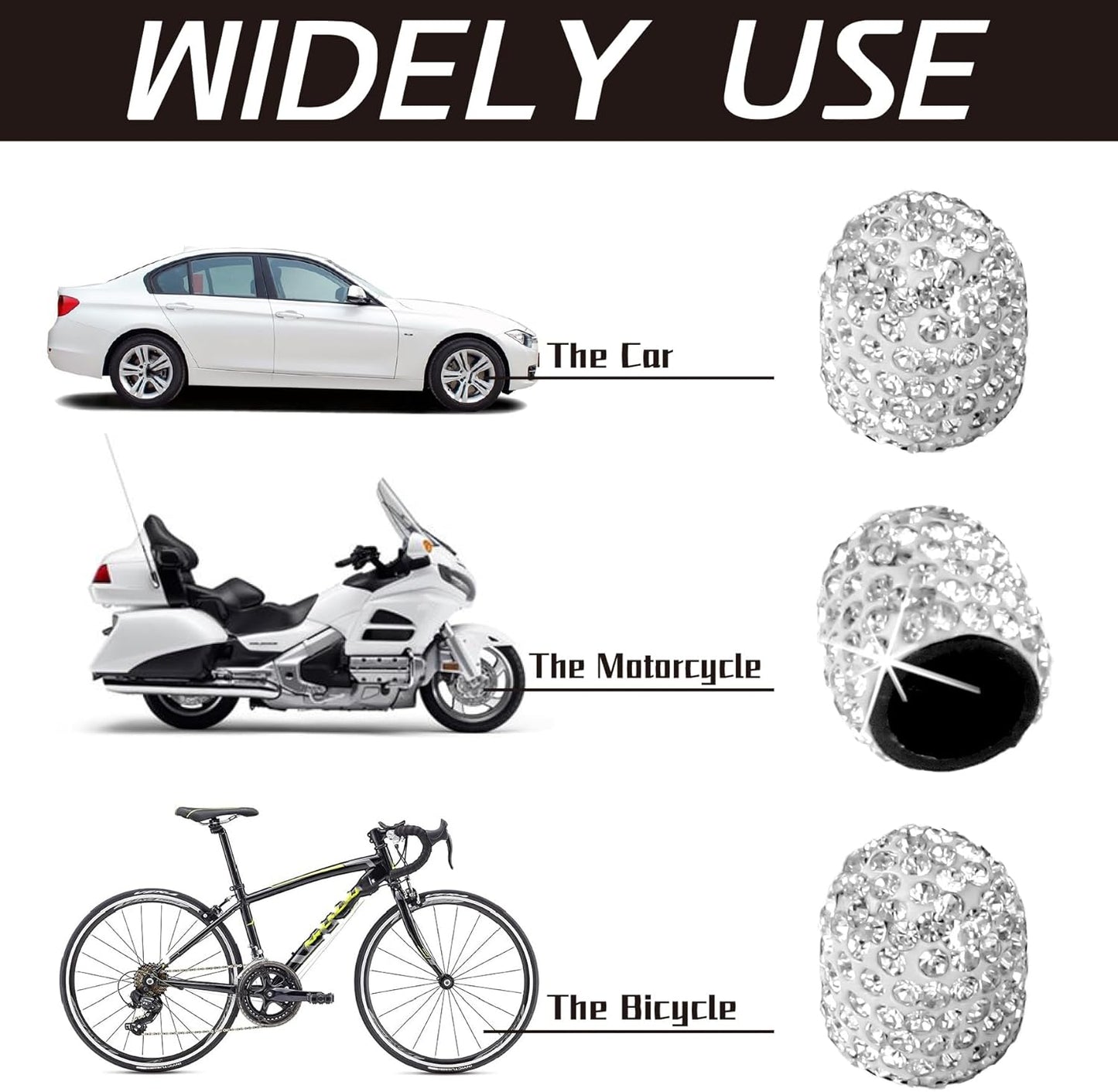 4-Pack Handmade Crystal Diamond Tire Valve Caps, Tire Valve, Beautiful Dustproof Shiny Auto Accessories for Cars, Trucks and Motorcycles - White