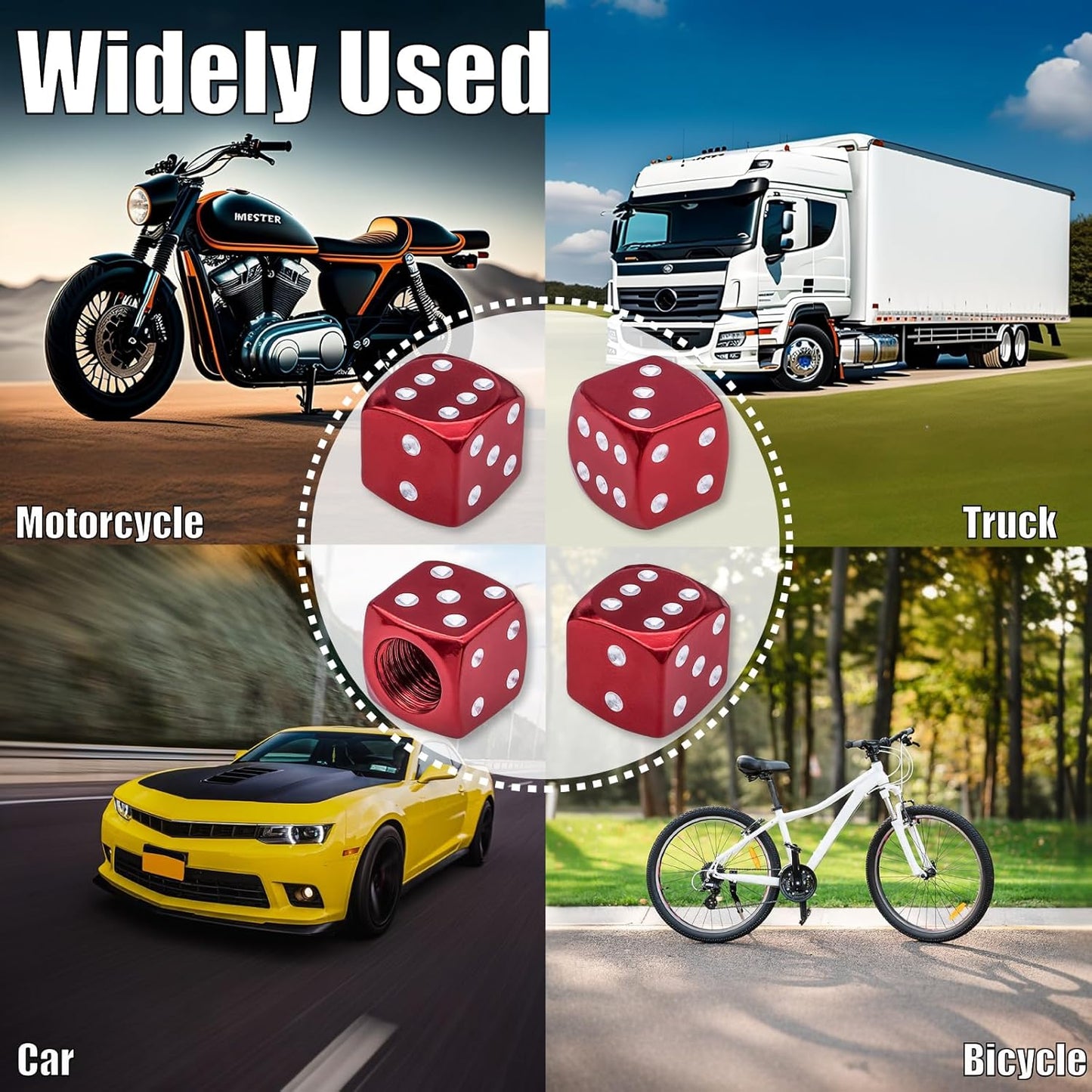 4 Pieces Dice Style Tire Valve Caps with O-Ring Rubber, Universal Aluminum Alloy Dust-Proof Tire Valve Caps for Cars, SUVs, Trucks, Bicycles, Motorcycles, Bikes (Red)