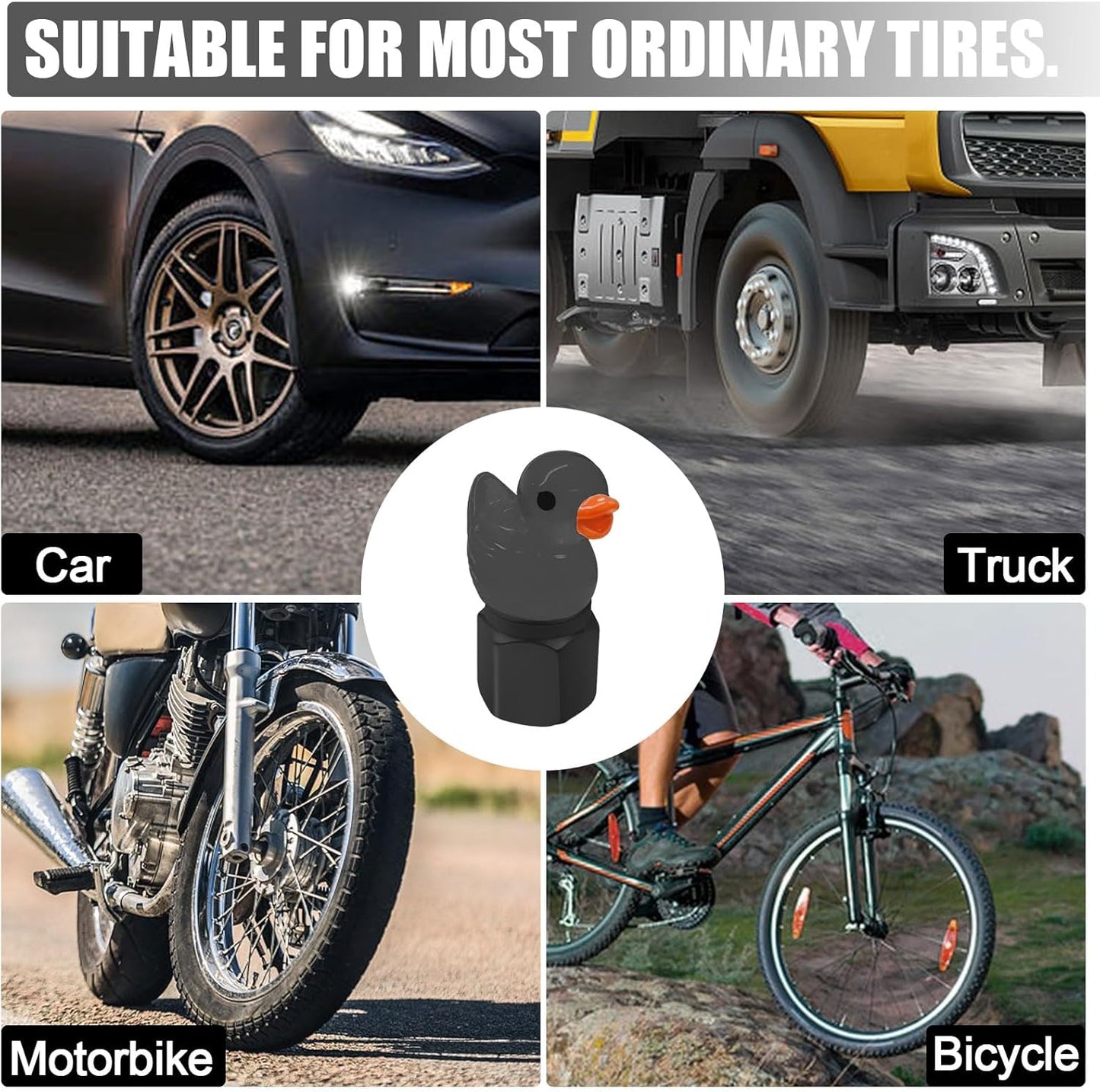 4-pack of cute duck tire valve caps, glow-in-the-dark tire valve caps, fun and practical tire decorations for cars, motorcycles, trucks and bicycles. (Black)